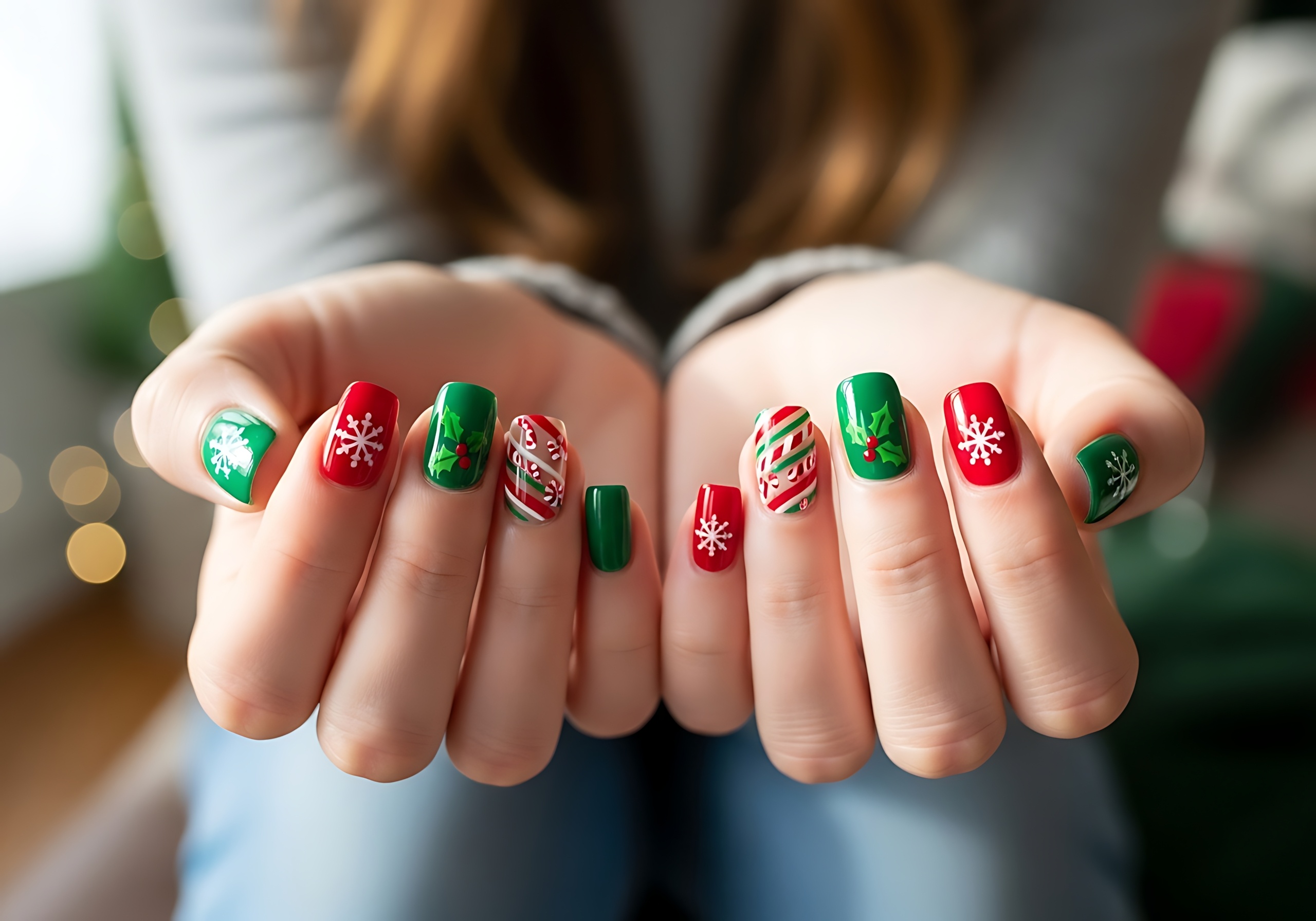 nail-art-natalizia-rosso-verde-fiocchi-neve