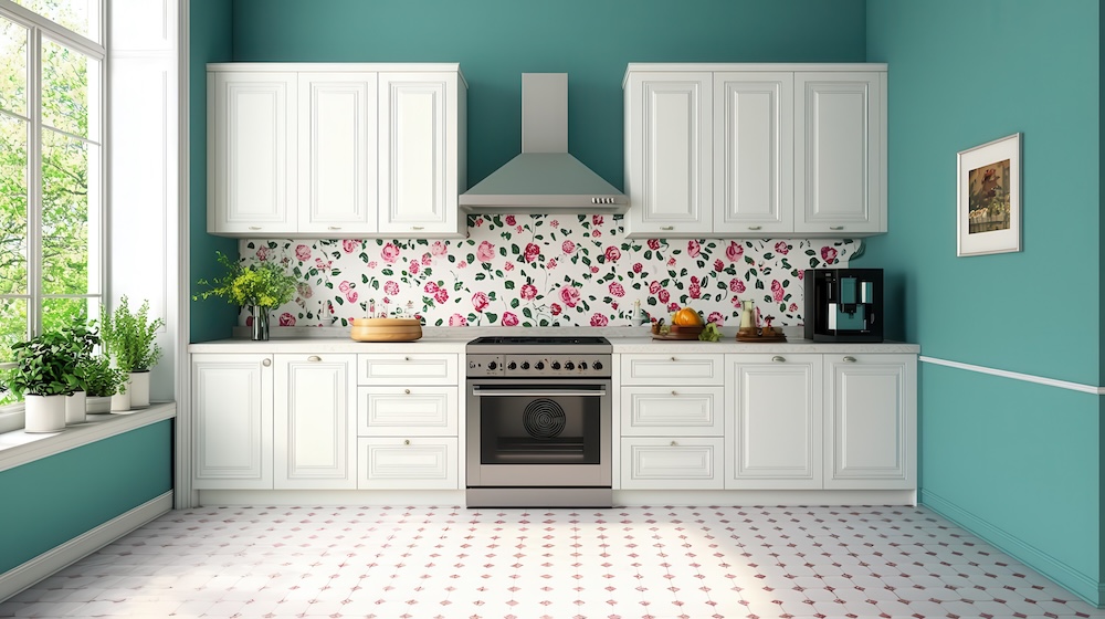 stanza-motivi-floreali-cucina-striscia-carta-parati.