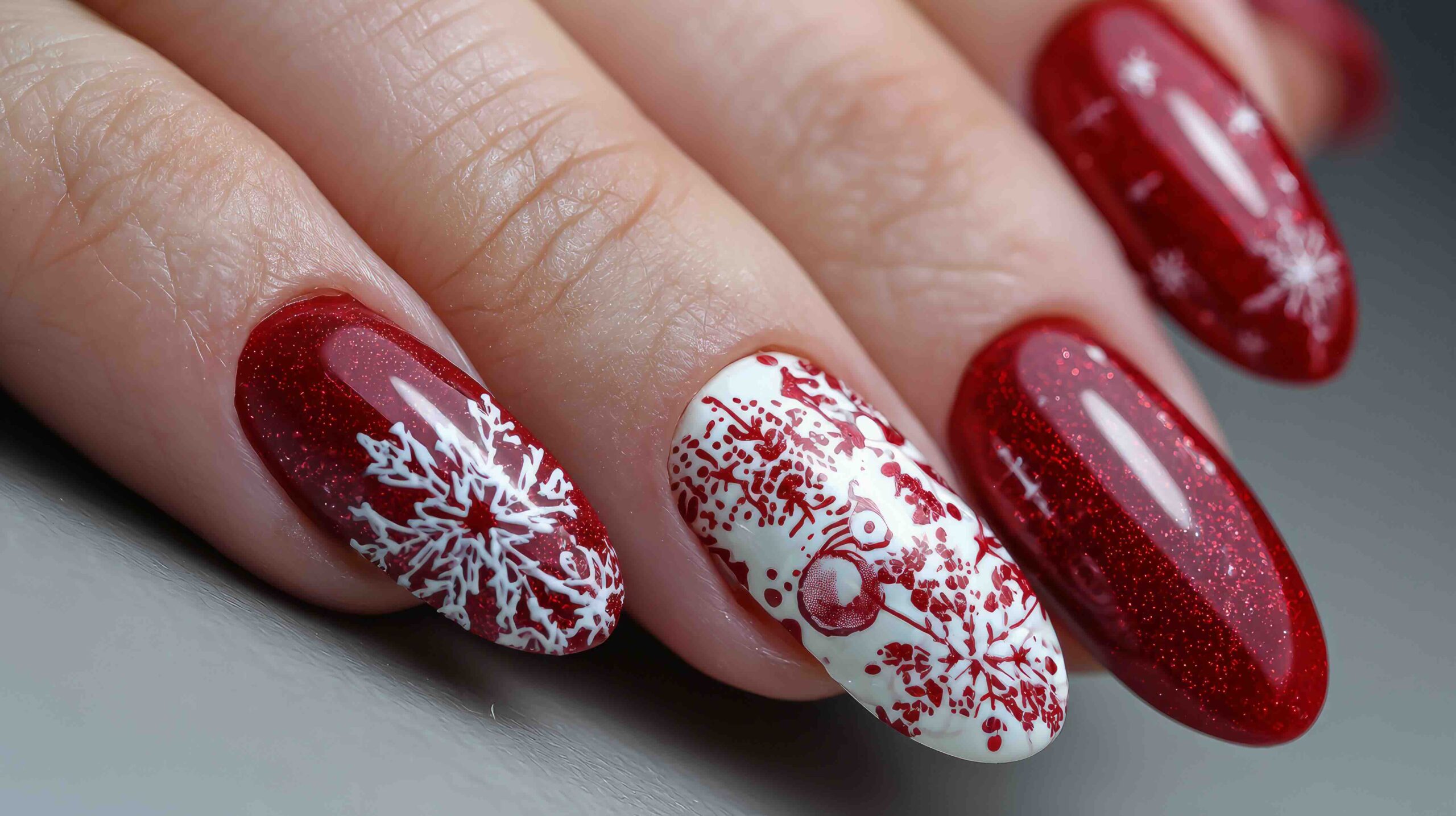 unghie-natalizie-bianche-rosso-glitter