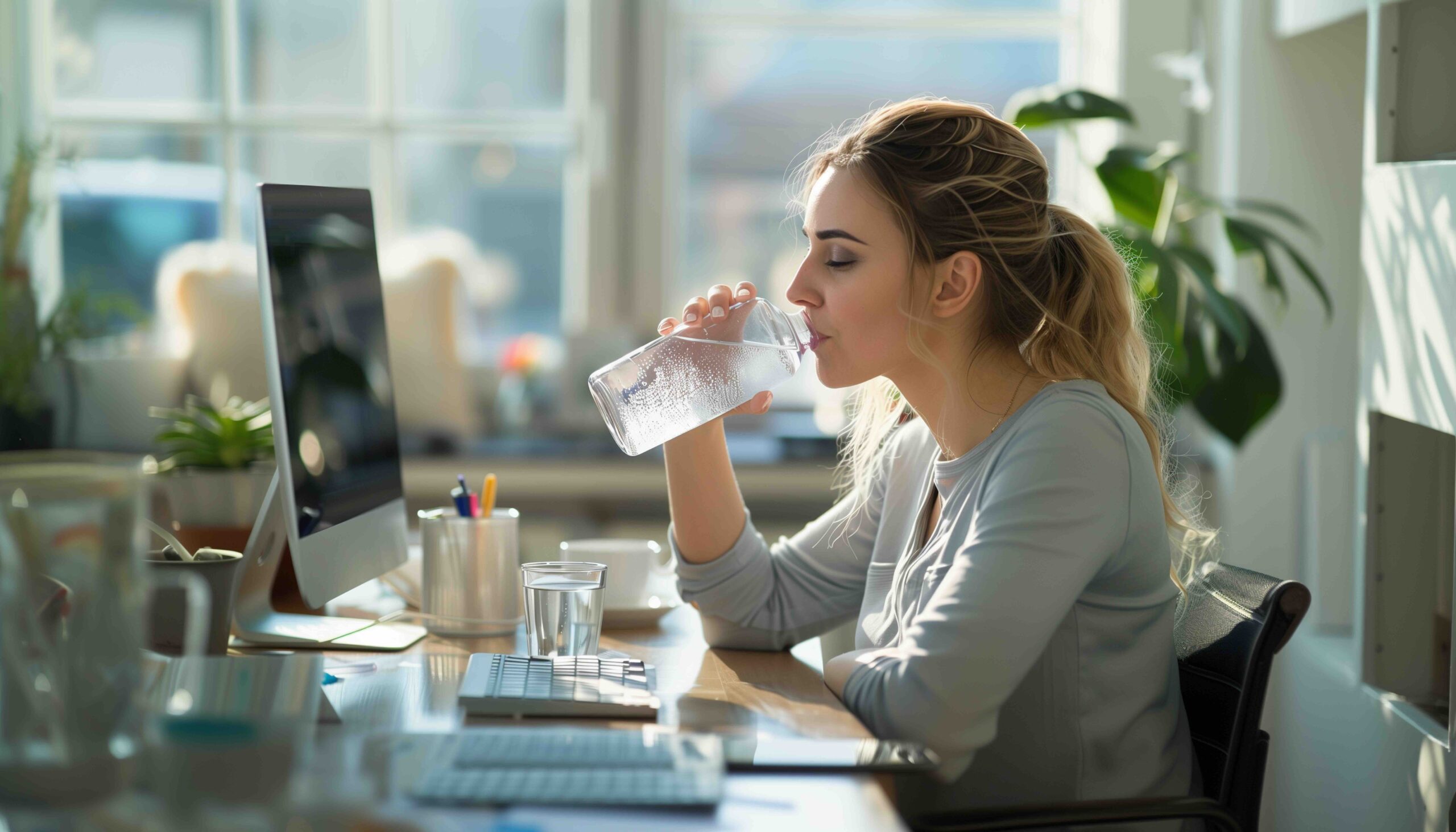 stanchezza-da-scrivania-idratazione-ragazza-con-acqua-bicchiere