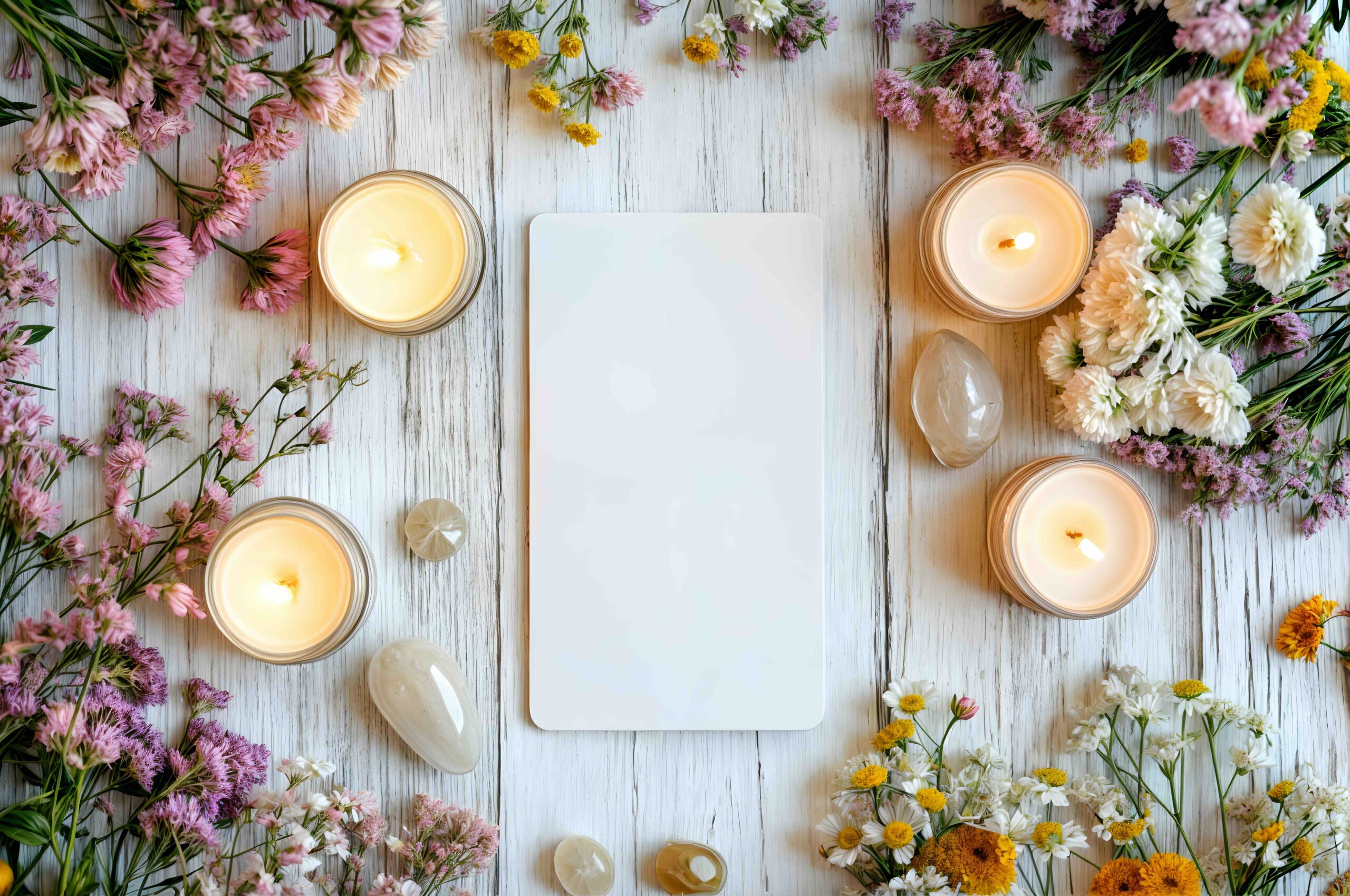 tarocco-carta-bianco-fiori-candele-pietre