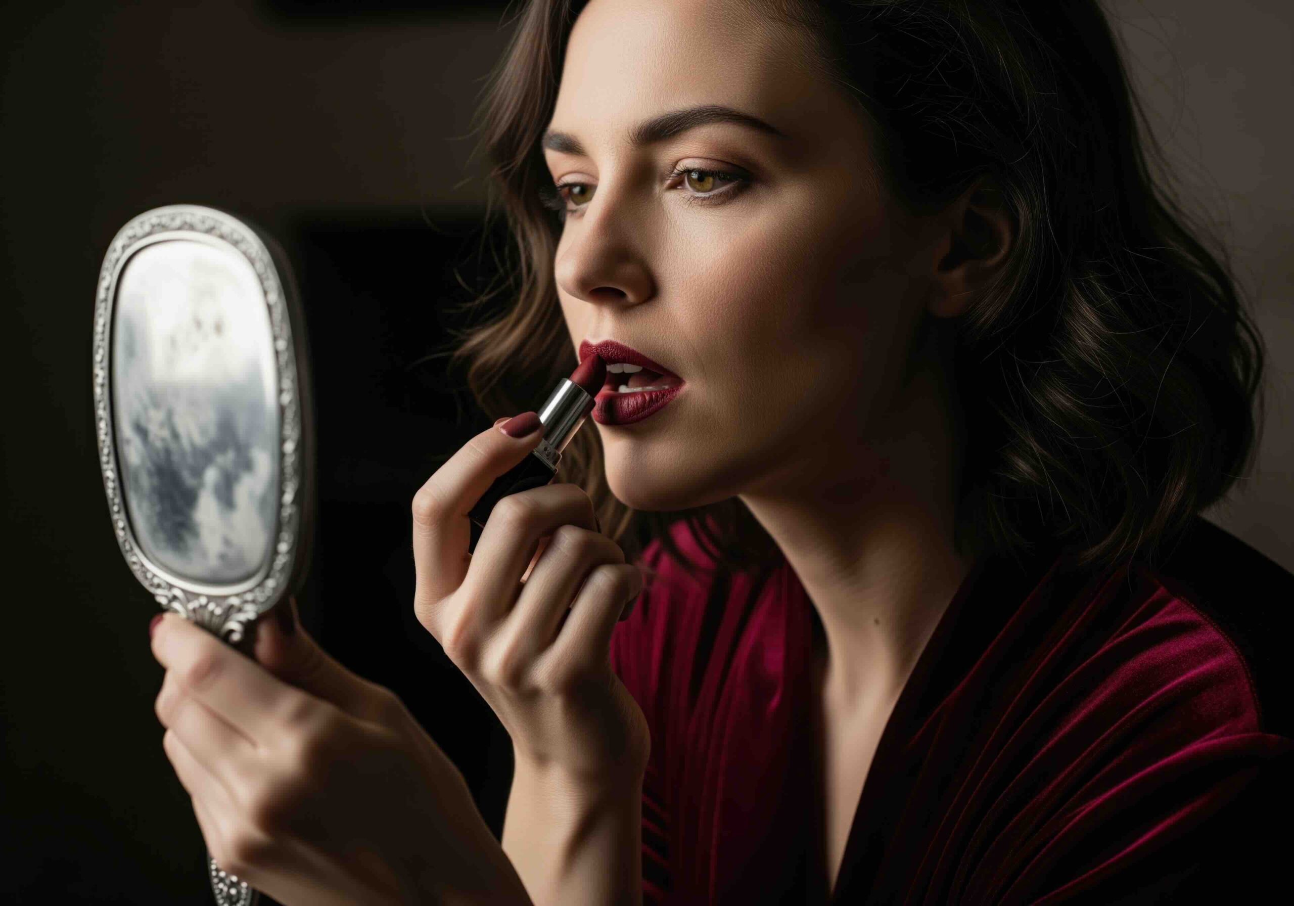 donna-che-applica-rossetto-rosso-scuro-specchio