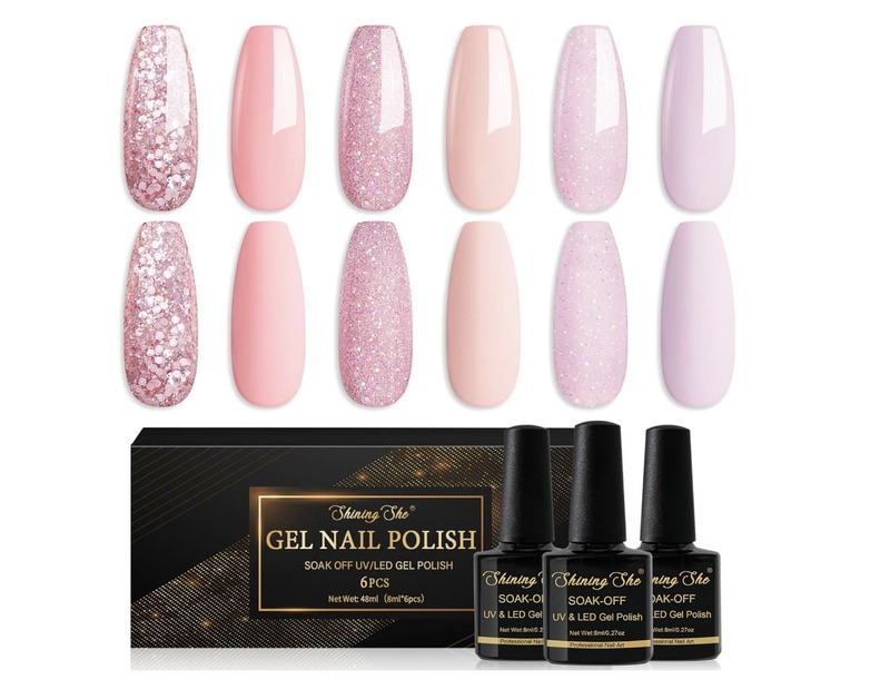 smalto-rosa-glitter-Shining-She-Semipermanente-set-rosa-pallido